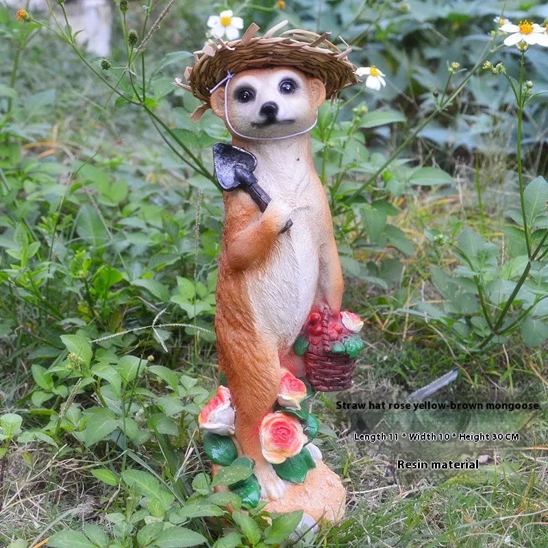 Straw hat mongoose garden ornaments with gardening tools for bonsai and craft decoration