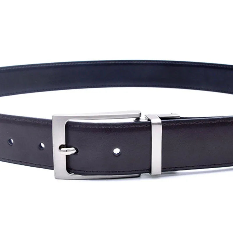 Men's dark brown and black genuine leather belt with a silver rotating pin buckle clasp on a plain background.