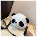 Soft plush crossbody bag with panda head design, cylindrical shape, and an outer sandwich pocket.