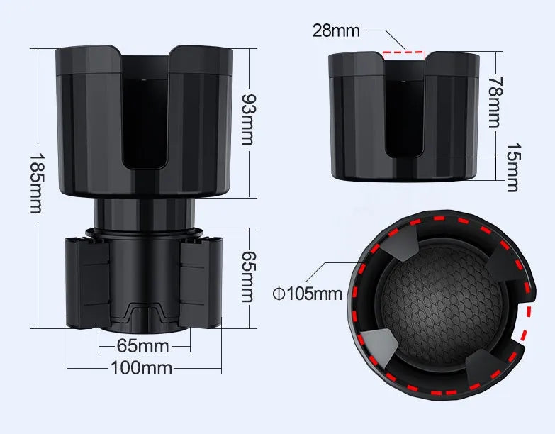 Matte black adjustable car cup holder expander for large bottles and cups