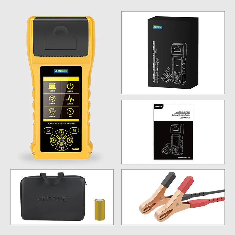 Autool BT760 colour screen automotive battery tester with clip leads and printed diagnostic receipt.
