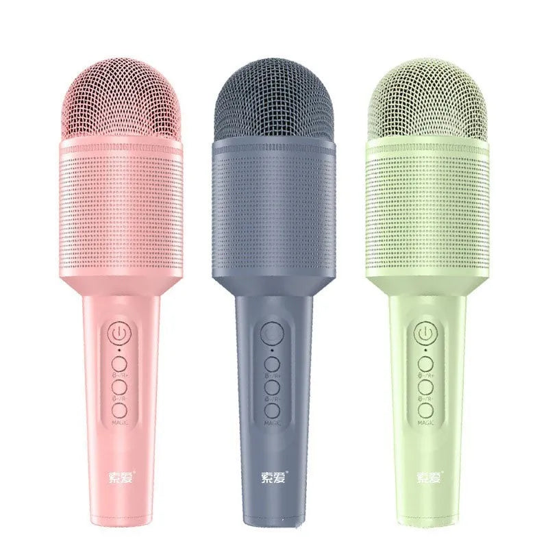 Bluetooth wireless karaoke microphone with integrated speaker in blue, green or pink colour options
