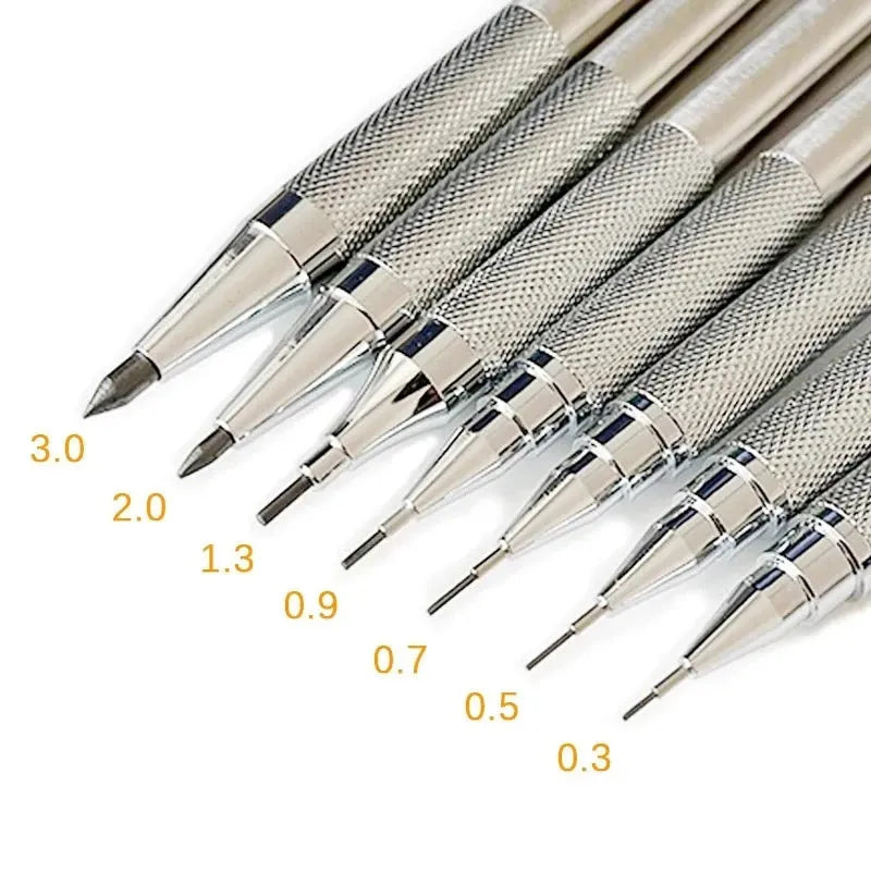 Metal automatic mechanical pencil with multi-diameter refill options for writing and drafting