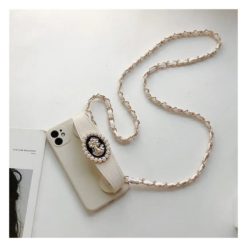 White TPU back cover phone case with wrist strap and crossbody chain for iPhone, shown with included lanyard.
