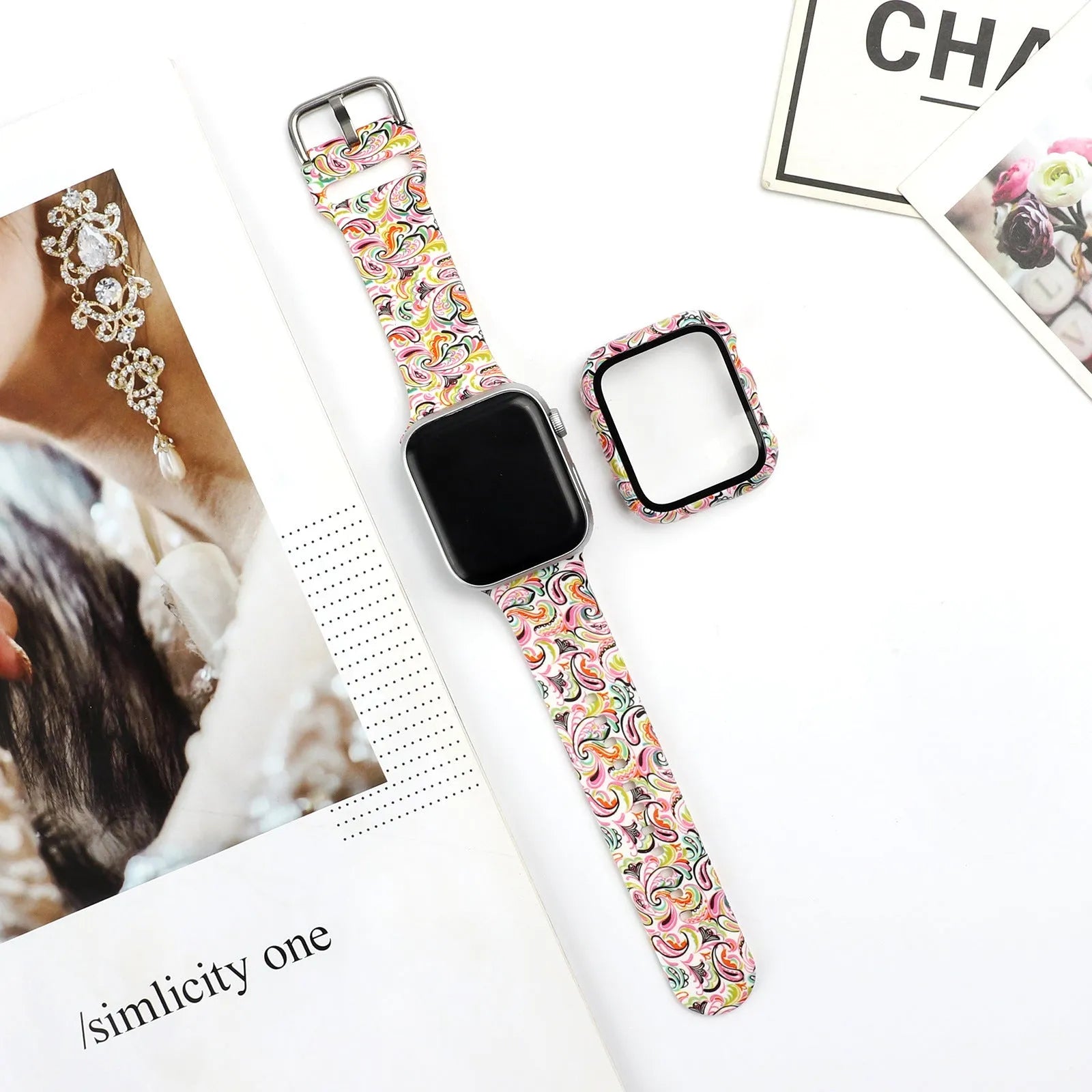 Printed silicone watch strap for Apple Watch models 1-6 and SE in various colours and patterns.