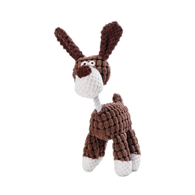 Bite-resistant plush dog chew toy showing donkey, duck, and elephant style options with squeaker