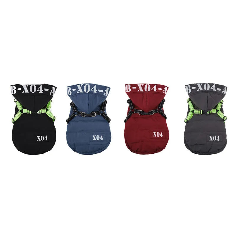 Red hooded dog winter jacket with fleece lining and waterproof polyester outer shell