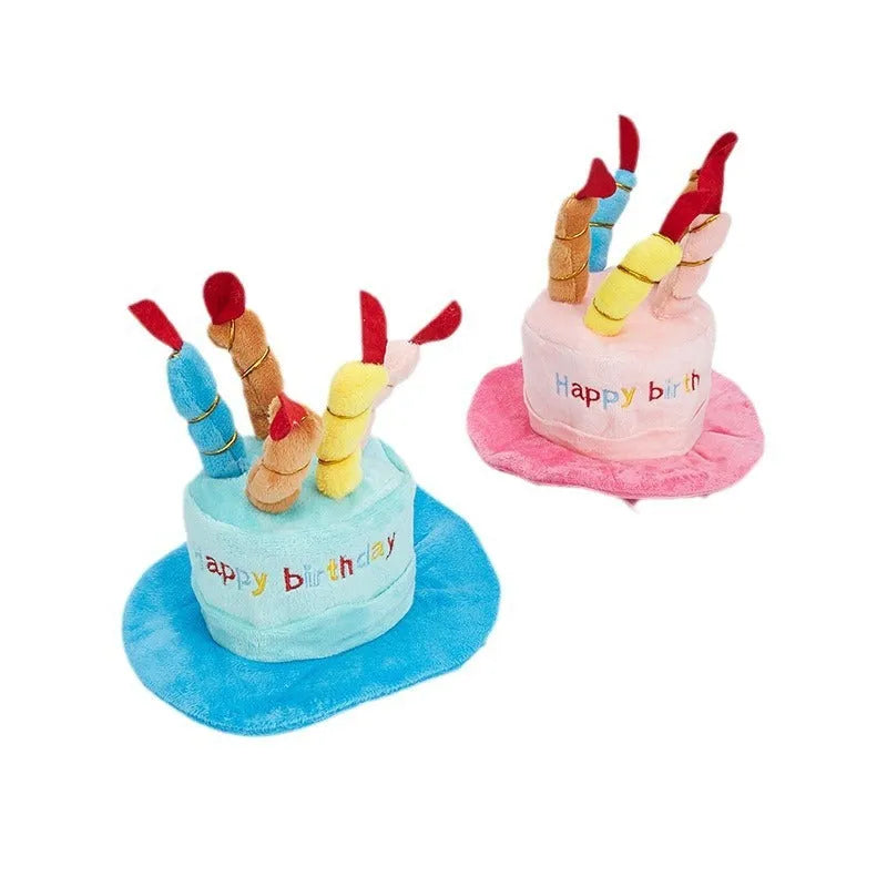 A blue or pink birthday hat for small dogs, shown with dimensions of 21cm by 15cm.