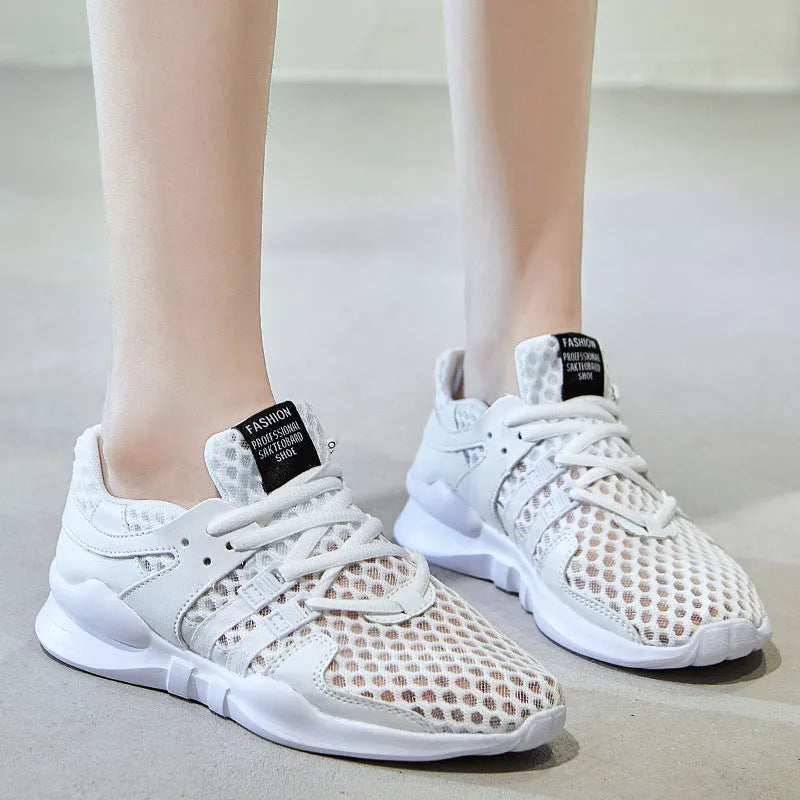 Women's low-top white mesh sneakers with hollow breathable design and casual round toe