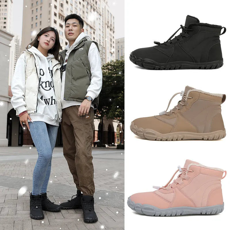 Waterproof insulated snow boots with lace-up front, round toe, and non-slip rubber soles