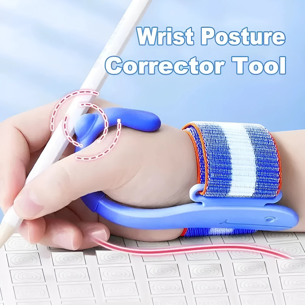 Blue anti-hook pen control corrector wrist brace for children's handwriting practice on a desk.