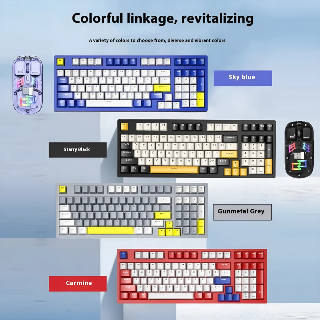 A mechanical keyboard and mouse set in a selected colour, showcasing its three-mould keycaps and model design.