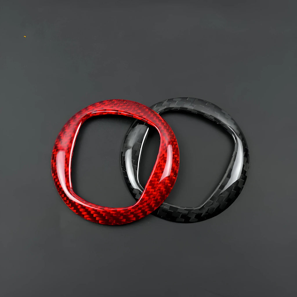 Real carbon fibre decorative sticker frame for car steering wheel in black and red colour options.