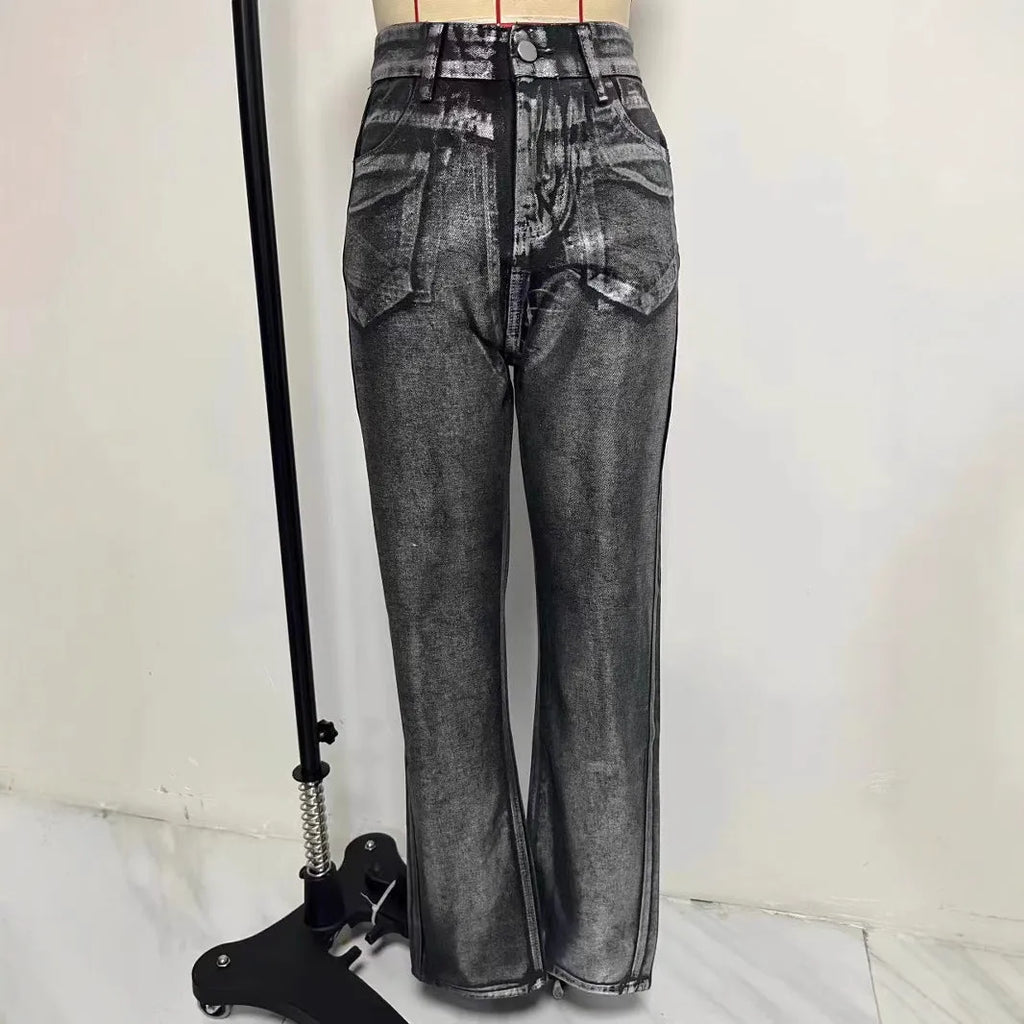 Washed blue high waist straight leg women's jeans on a neutral background.
