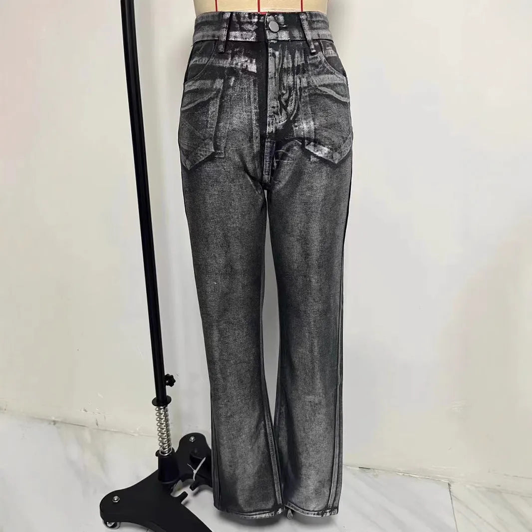 Washed blue high waist straight leg women's jeans on a neutral background.