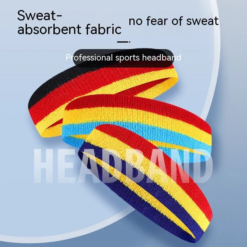 Colourful sports headband for adults in three-colour combinations measuring 5.5cm by 20cm