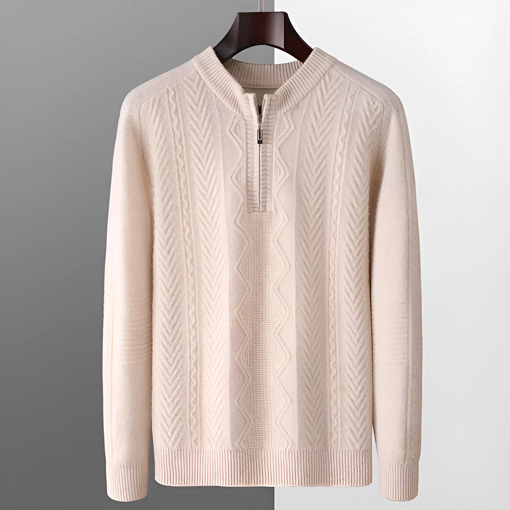 Men's pure wool diamond pattern half-zip sweater in light camel colour showing front detail