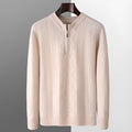 Men's pure wool diamond pattern half-zip sweater in light camel colour showing front detail