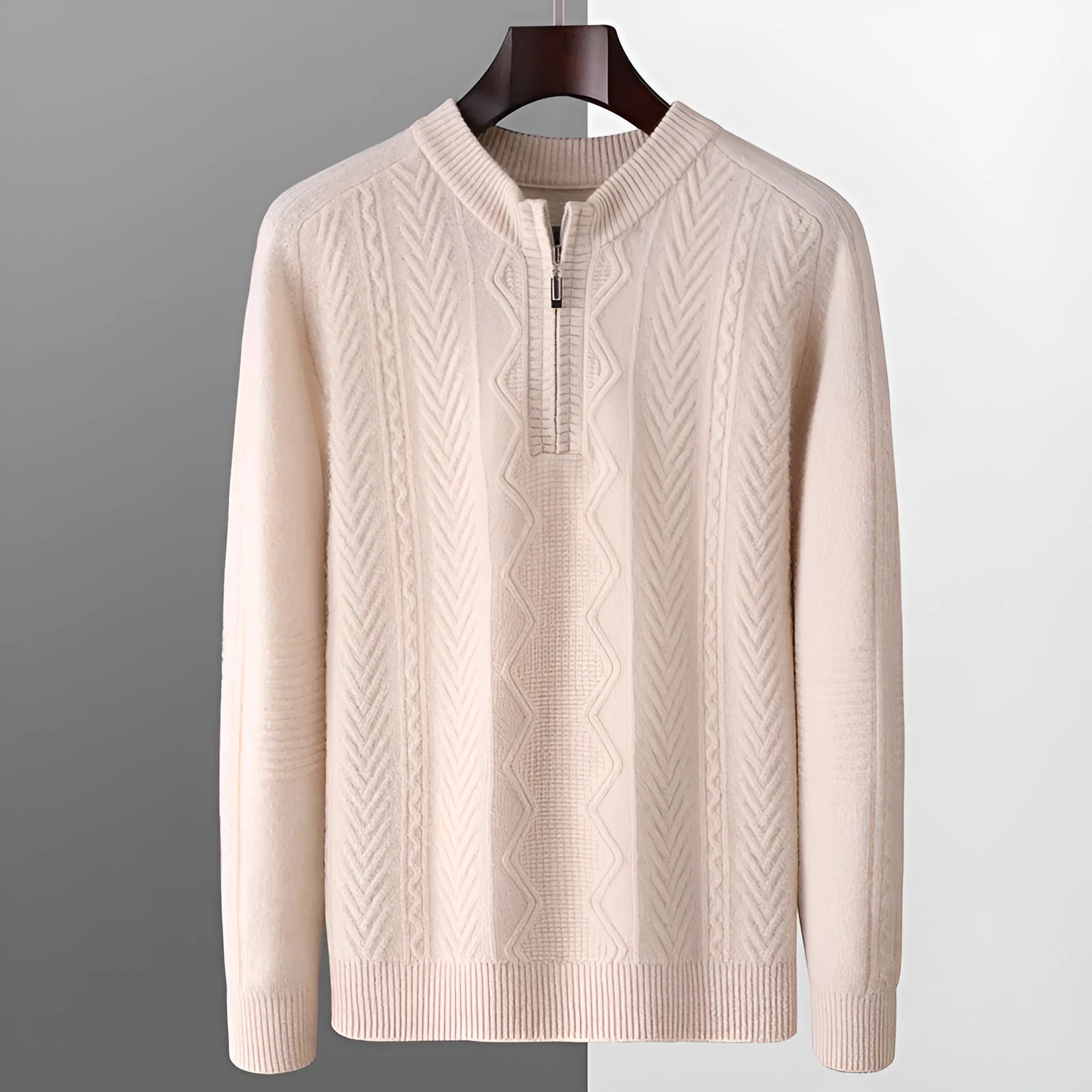 Men's pure wool diamond pattern half-zip sweater in light camel colour showing front detail