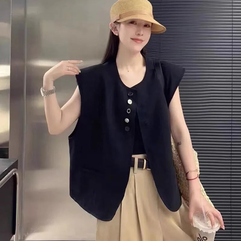 Women's short loose-fitting polyester vest in milky white with pocket details