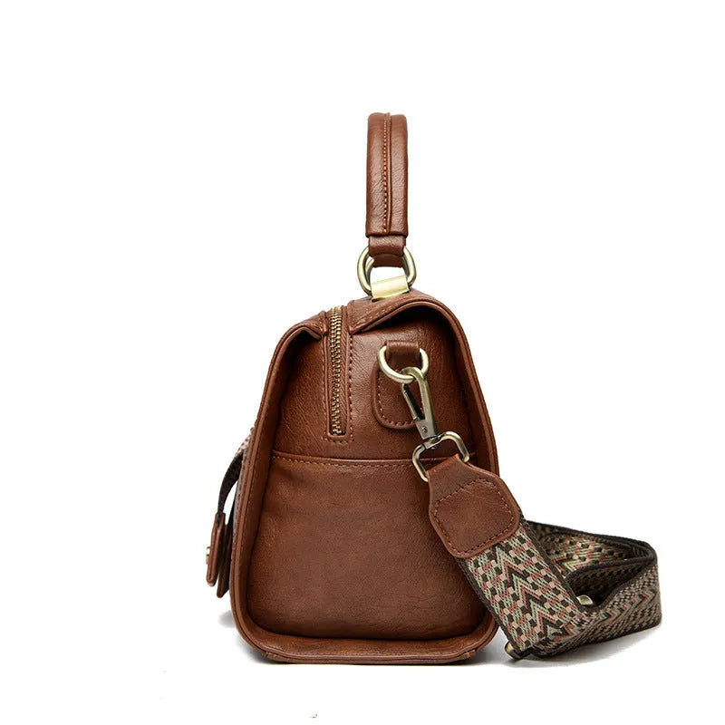 Retro simple style women's one-shoulder crossbody bag in soft PU leather, shown in a horizontal square shape.