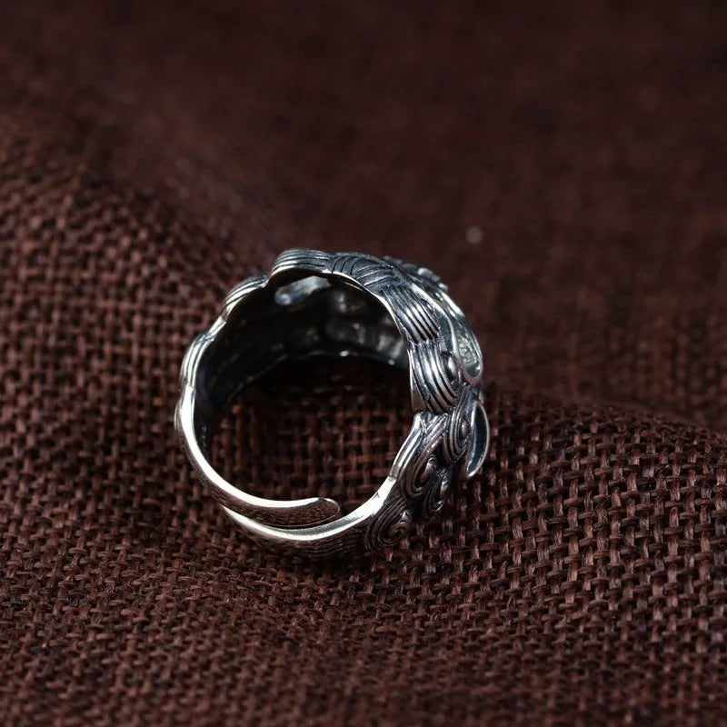Silver open ring with Domineering Jibeast animal and Zodiac pattern in retro style