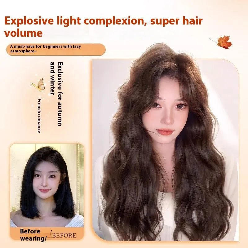 Full-head women's wig with long curly artificial hair and side bangs in brown colour options