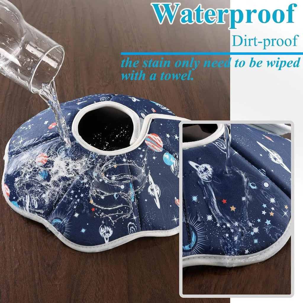 Soft adjustable cat cone collar in constellation print, showing adjustable circular fastener and soft fabric construction.