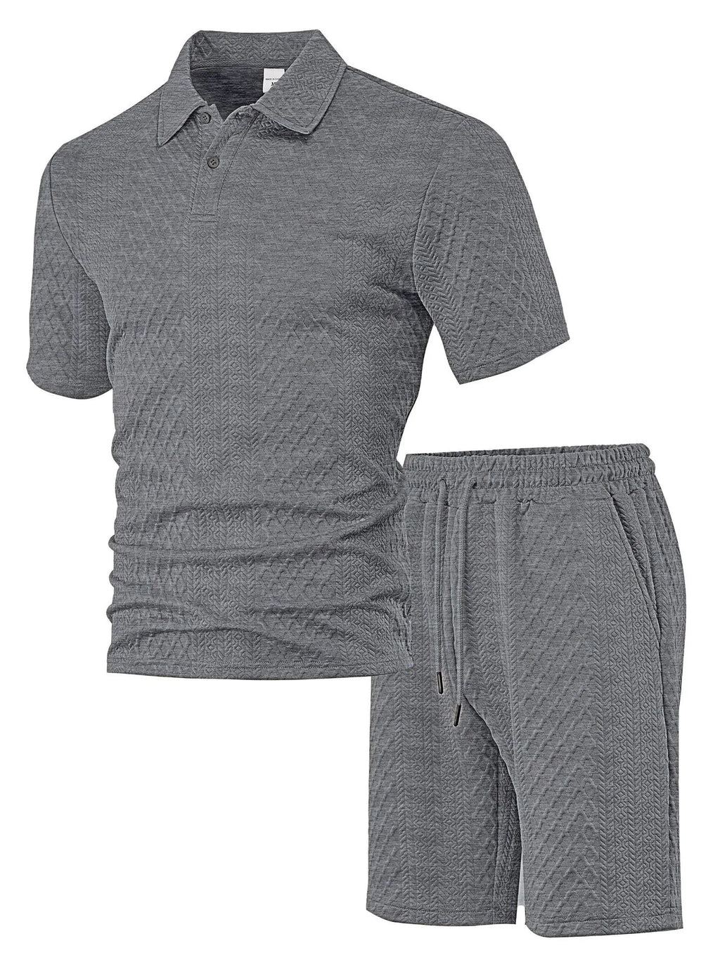 Men's patterned cloth casual short sleeve suit set with polo shirt and trousers on a hanger