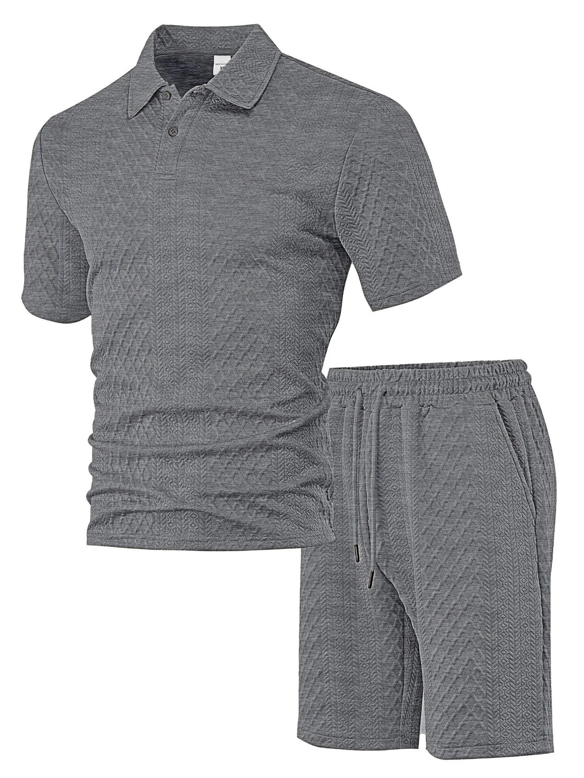 Men's patterned cloth casual short sleeve suit set with polo shirt and trousers on a hanger