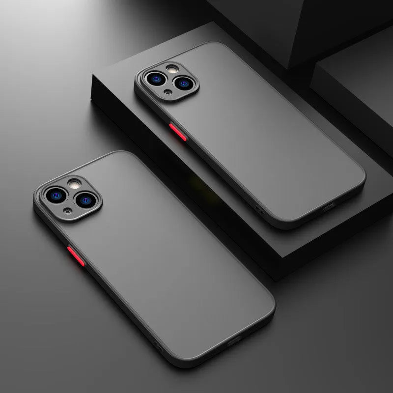 Frosted hard protective iPhone case in dark night green colour, showing fine hole pattern and full camera lens coverage.