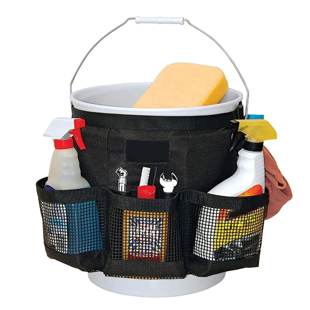 Black cylindrical polyester storage bag hanging on a 5 gallon barrel with car washing tools inside