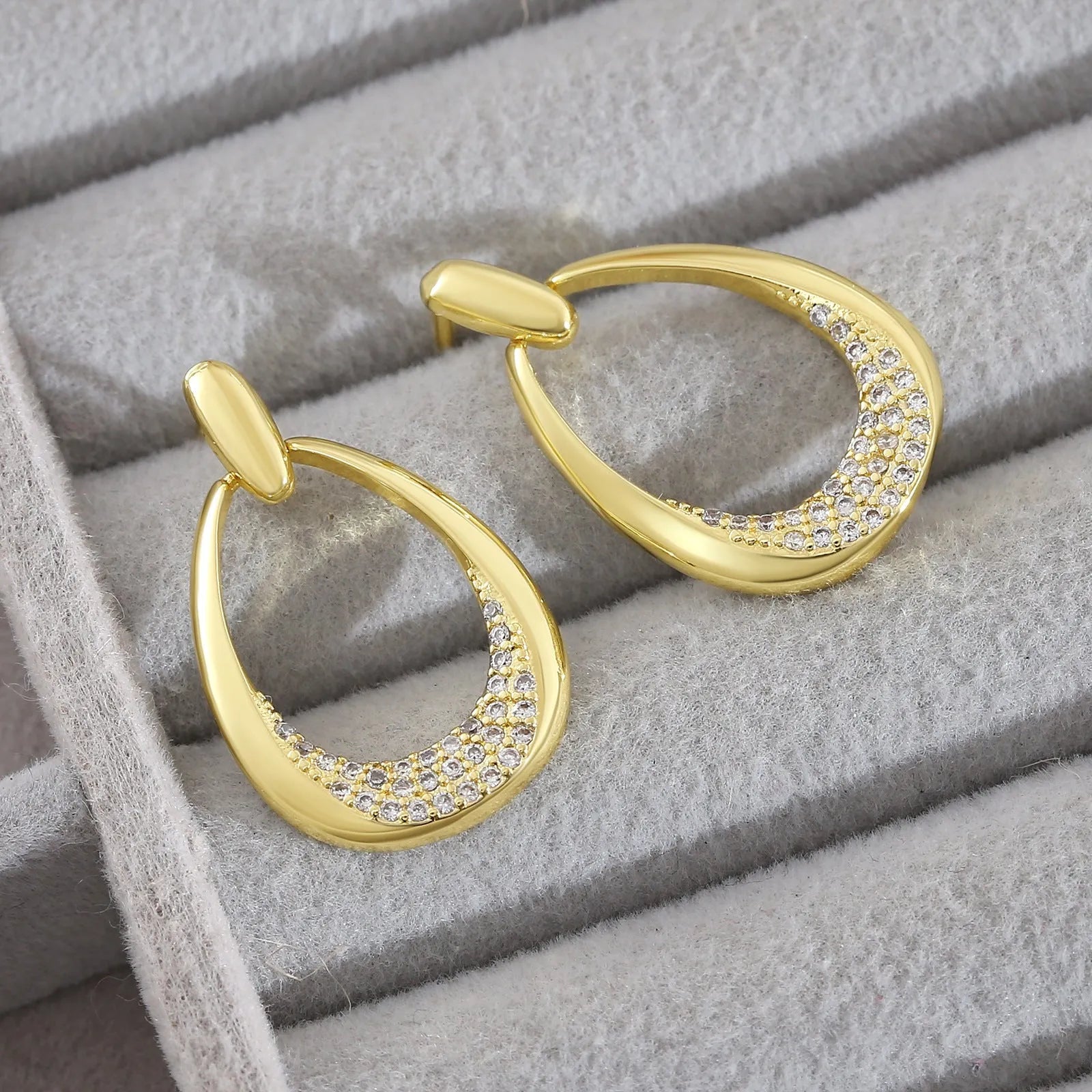 Women's yellow gold geometric drop earrings with zircon detailing, measuring 2.6cm by 1.7cm