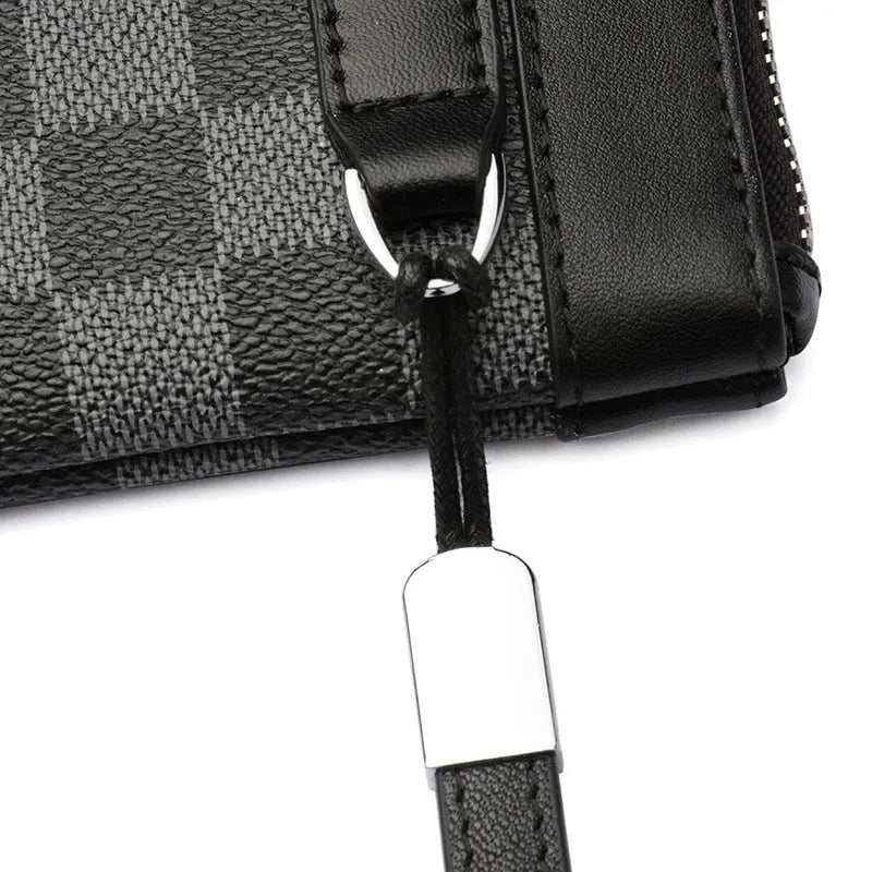 Men's black cowhide leather clutch wallet with plaid top, shown closed, measuring 20cm by 10cm