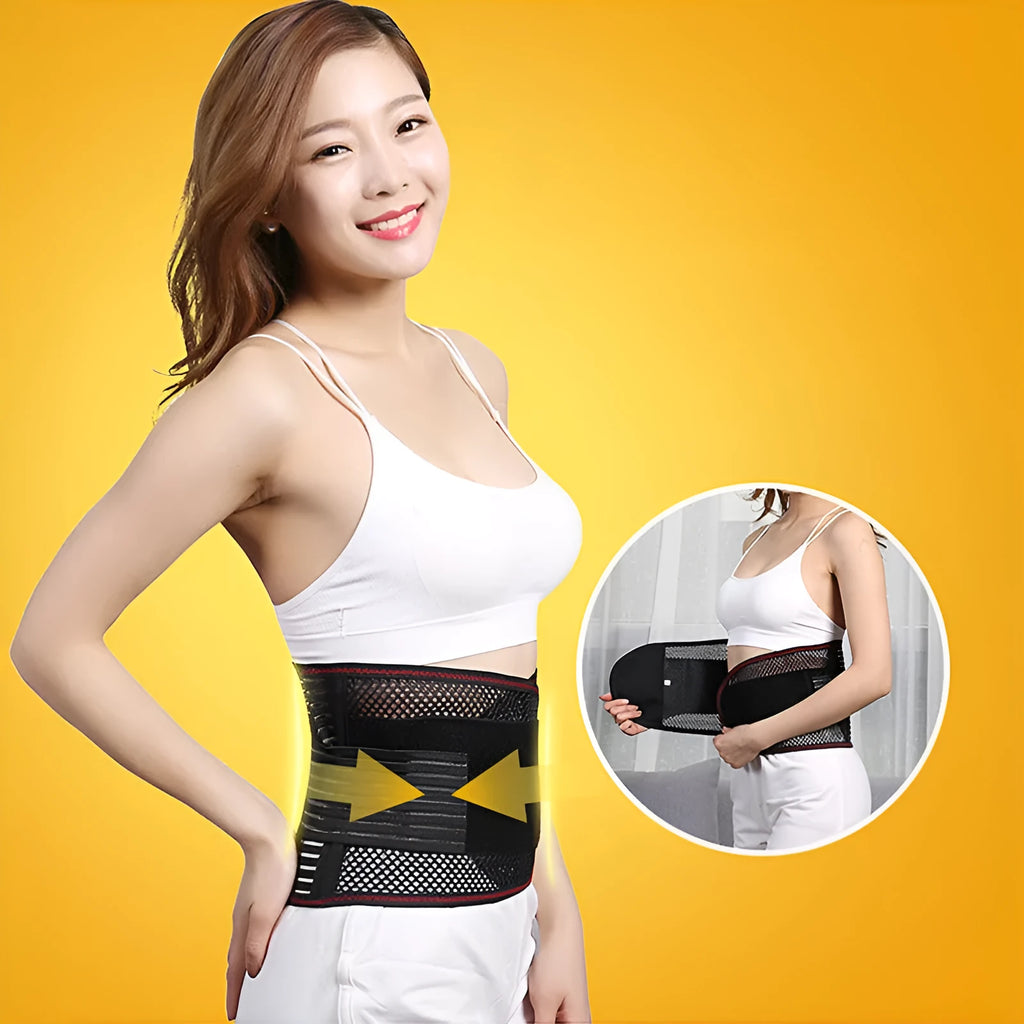 Black breathable sports waist support with steel plate backing for lumbar protection during fitness activities