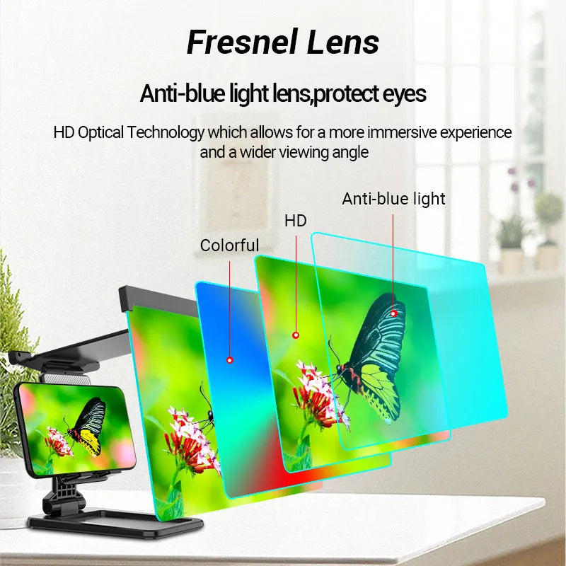 Black folding mobile phone screen amplifier and adjustable holder on a desktop, magnifying a smartphone display.