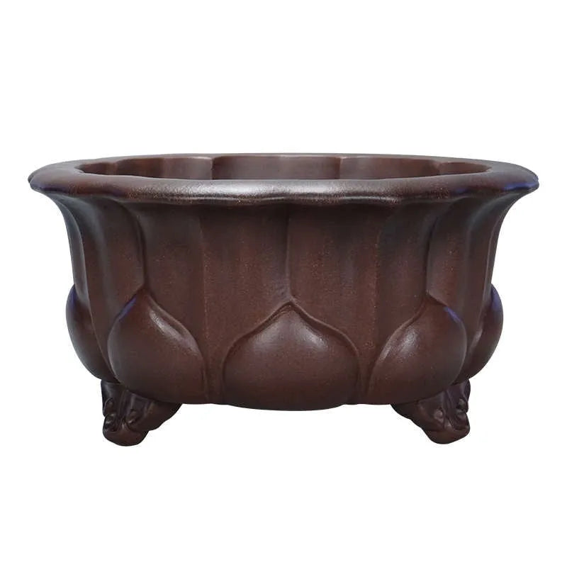 Purple sand antique Chinese style bonsai flower pot with petal basin shape.