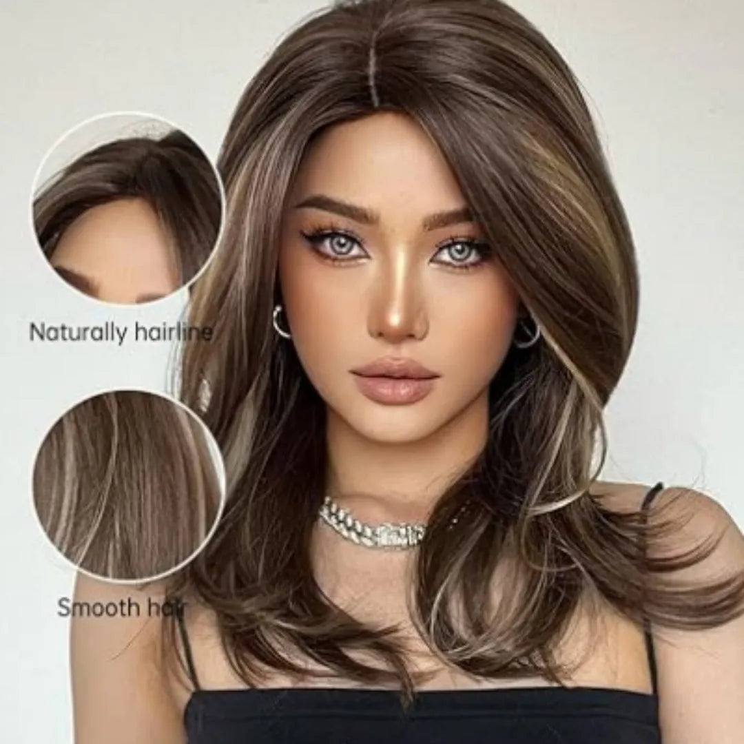 Mid-length synthetic wig with long curly hair in platinum gradient colours