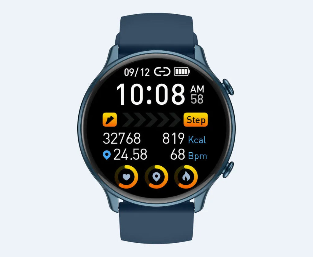 Round touch screen smart sports watch with heart rate monitor on silicone strap