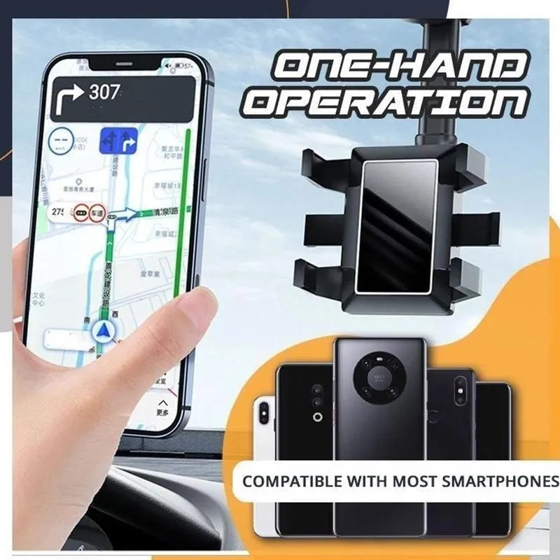Black rearview mirror phone holder with 360° rotating head and retractable arm extended