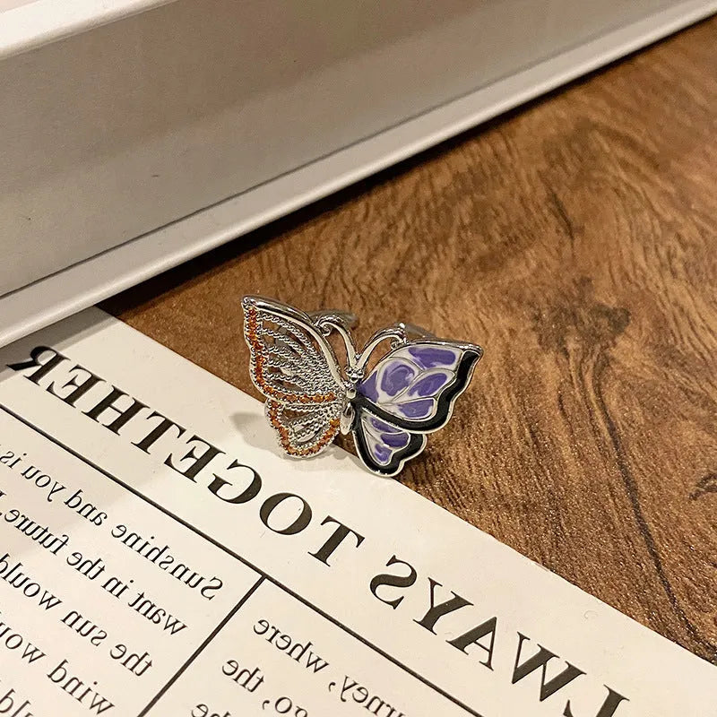 Copper butterfly women's ring with Chinese design and dripping oil finish