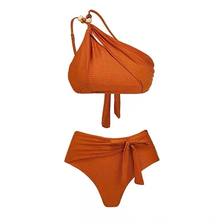 Brown high waist bikini swimsuit with push up top and attached chiffon dress overlay.