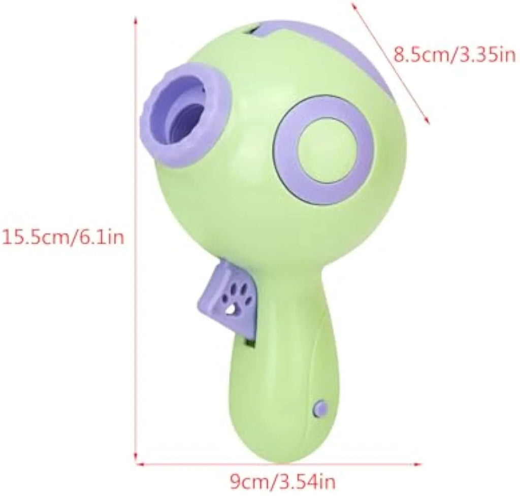 Green orange pink dog treat launcher toy for interactive feeding and training play