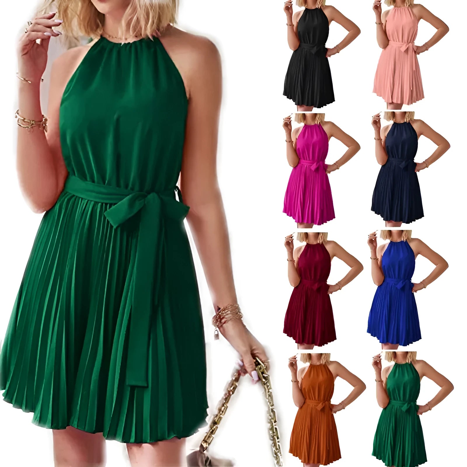 Women's black halter-neck strapless chiffon sundress with a pleated midi skirt and waist belt