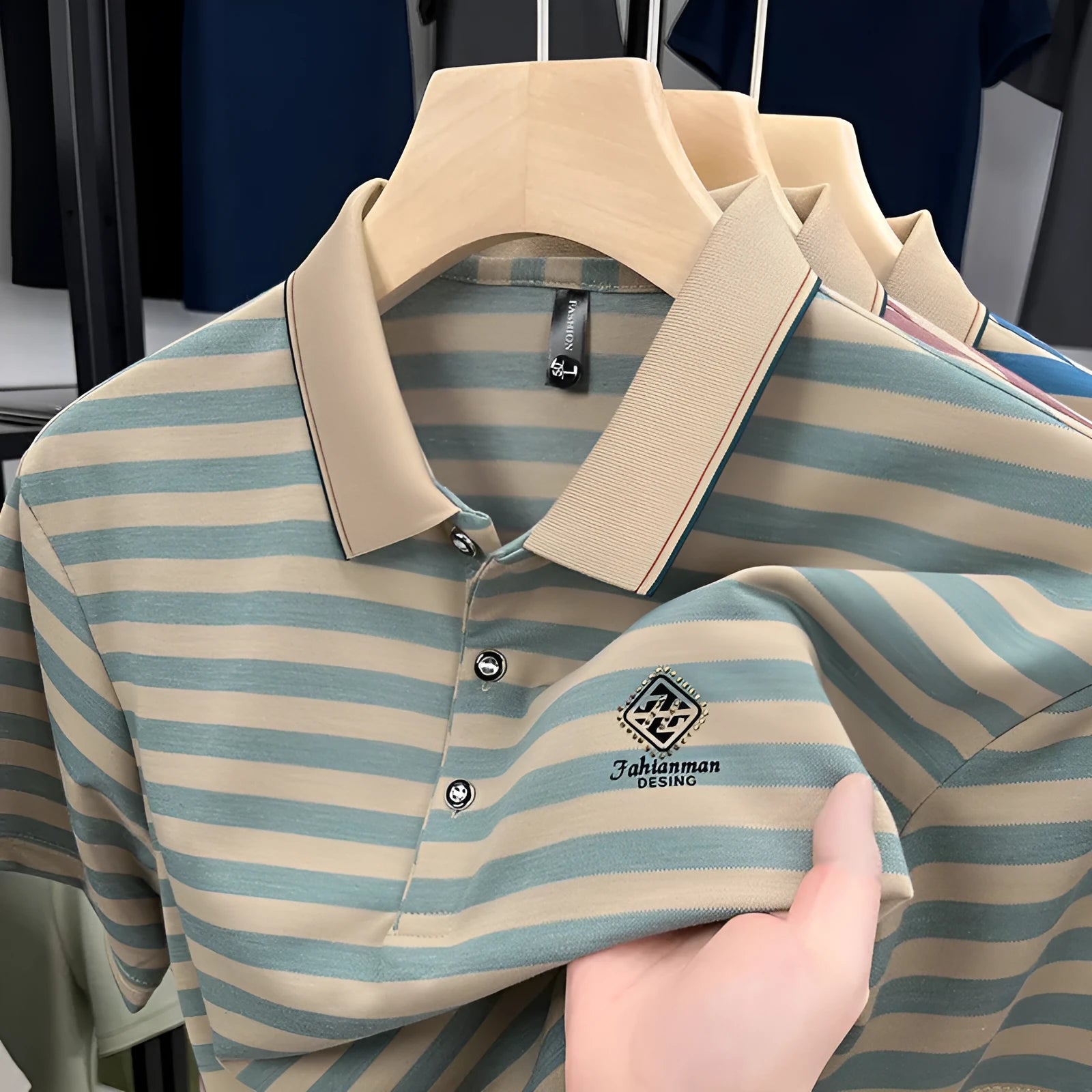 Men's red striped polo shirt with mosaic pattern on short sleeves