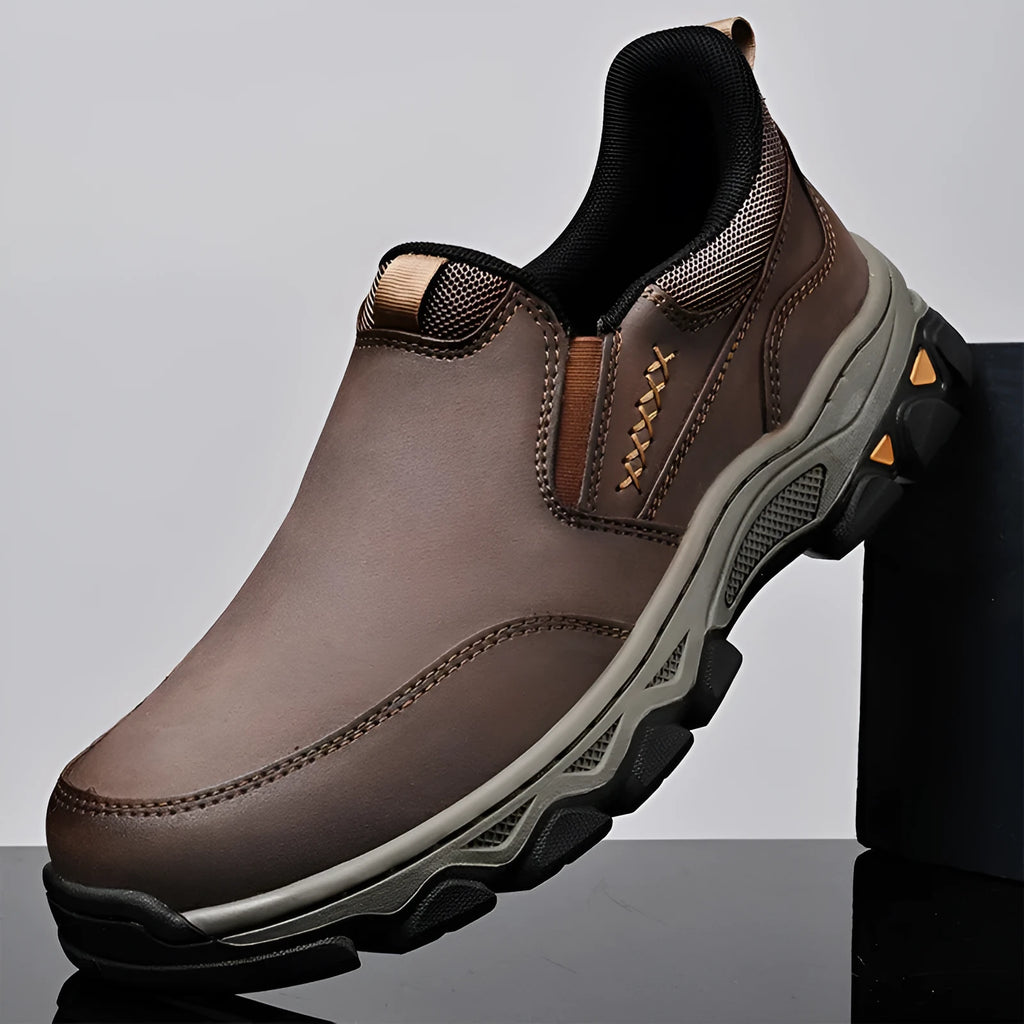 Men's casual leather-style shoes with rubber soles in dark brown, black or grey colour options