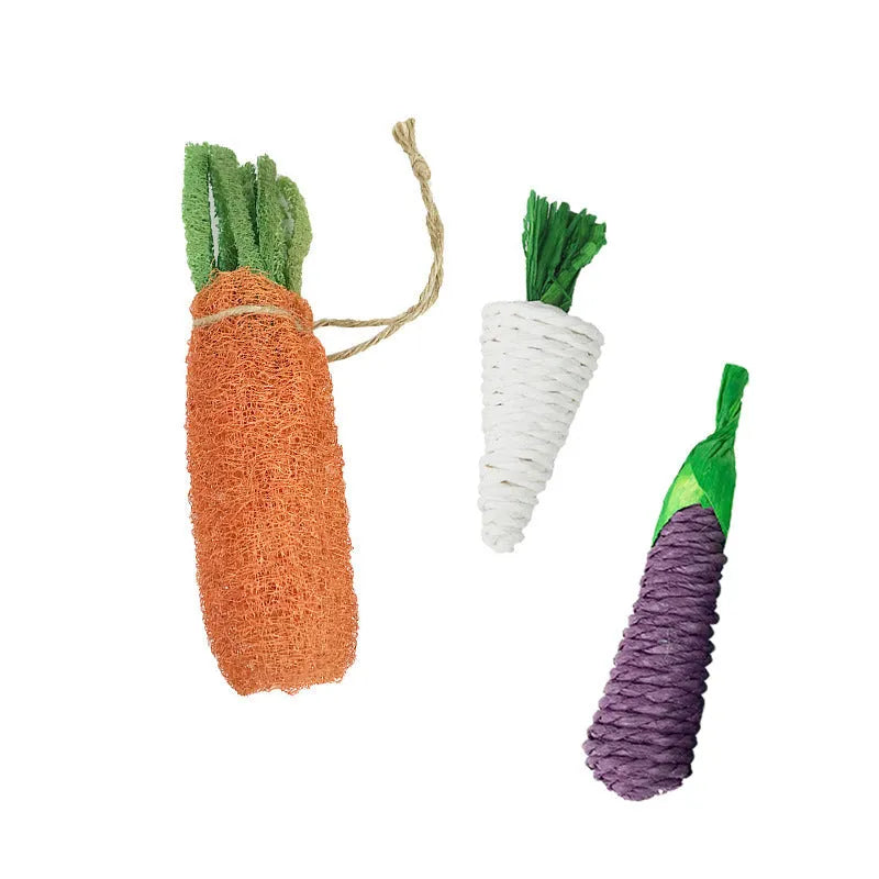 Woven carrot chew toy for hamsters, 20cm loofah carrot option with eggplant 14cm and medium carrot 10cm