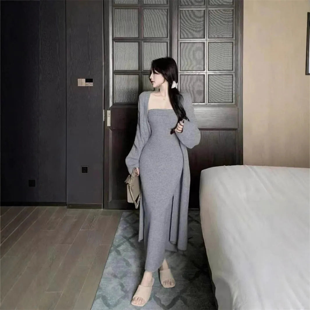 Women's grey knitted cardigan dress sweater two-piece suit with long skirt