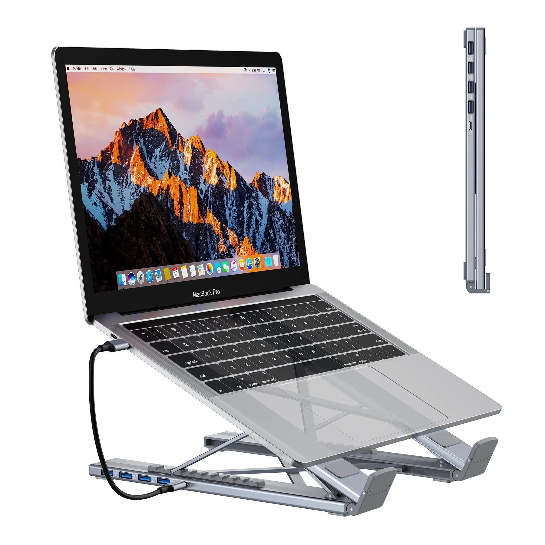 Aluminium alloy folding laptop stand with multi-port docking station in open position