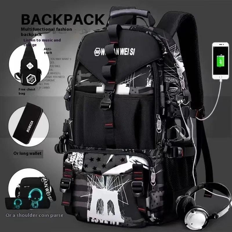Men's black waterproof Oxford cloth hiking backpack with air pillow belt system and 56-75L capacity